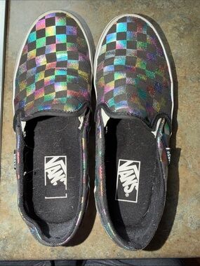 Vans Slip-On Checkerboard Sneakers - Black with Iridescent Multi